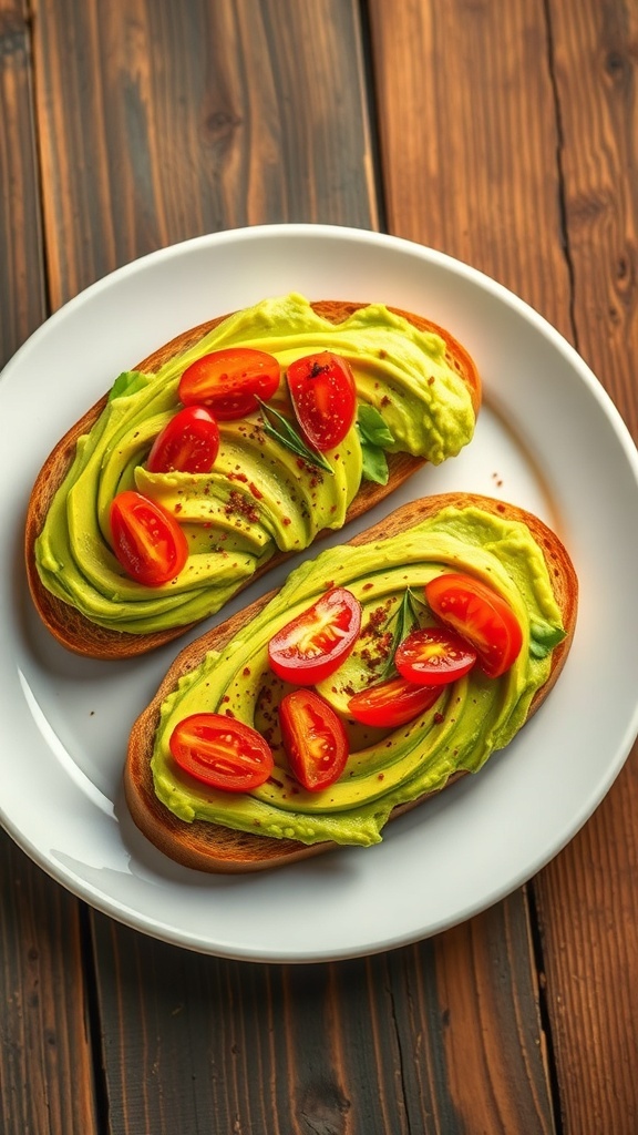Avocado Toast Recipe Two slices of avocado toast topped with tomatoes and herbs on a wooden table.